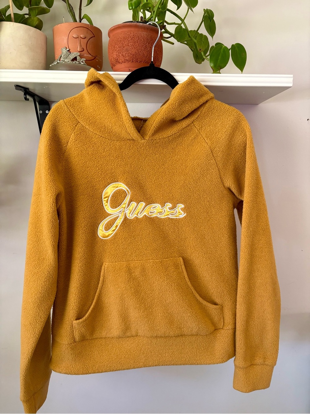 Guess Mustard Yellow Fuzzy Hoodie with Script Logo